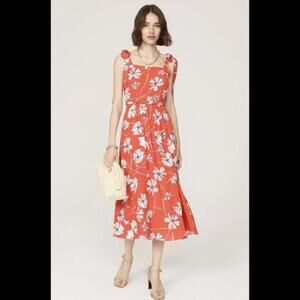 Jason Wu Collective Red Floral Tie Shoulder Midi Dress Size 8 Viscose Rayon